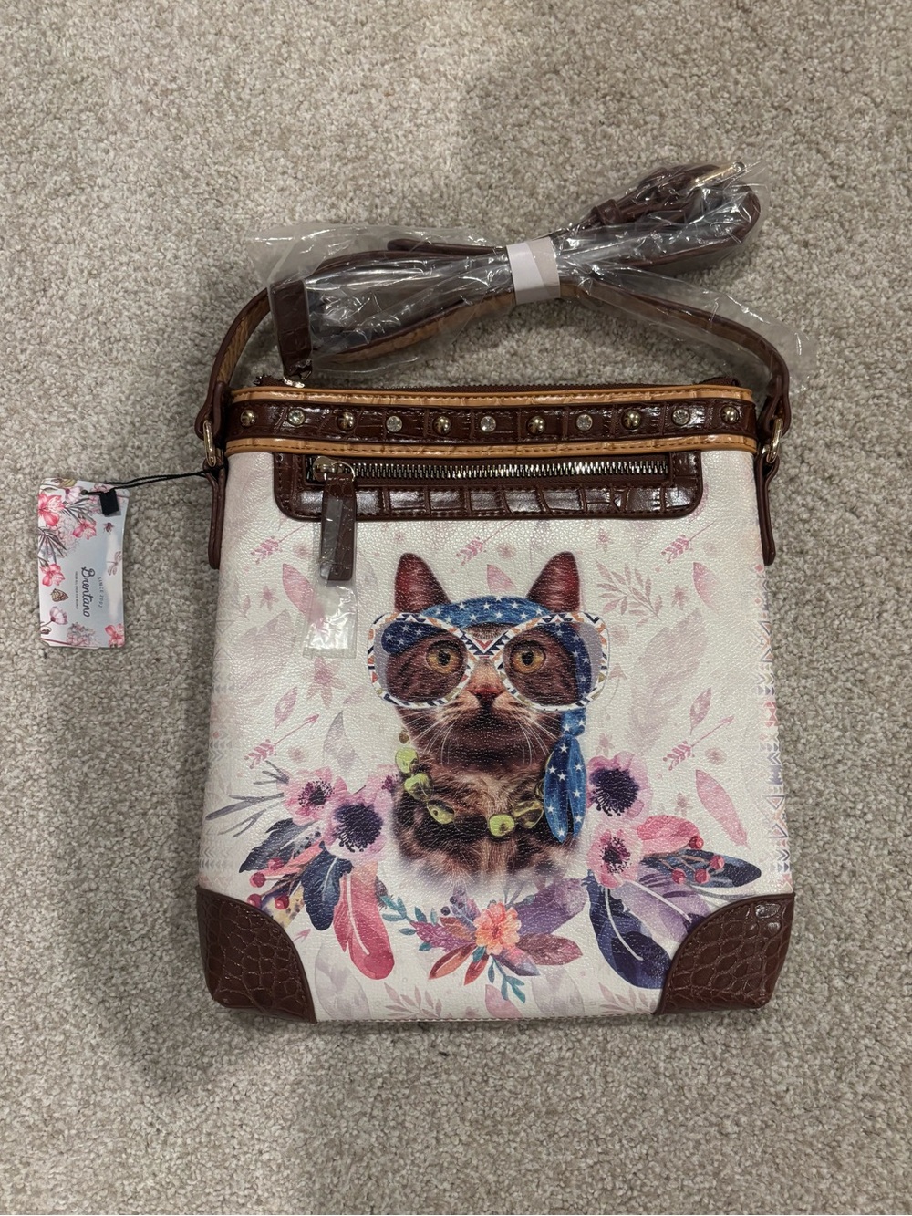 NWT Boho Cat Print Crossbody Bag in White and Brown